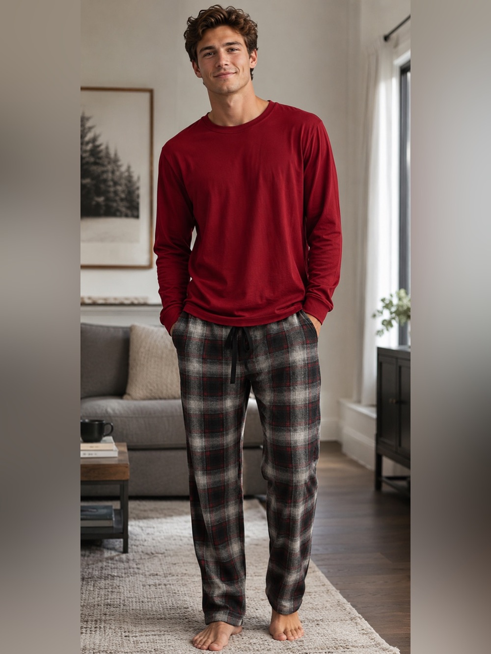 Cuddl Duds Men’s Sleepwear Loungewear Burgundy Shirt Plaid Bottoms Med NWOT